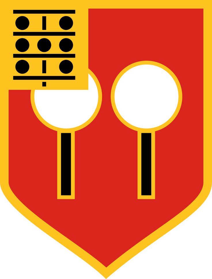 a red and yellow shield with two mirrors