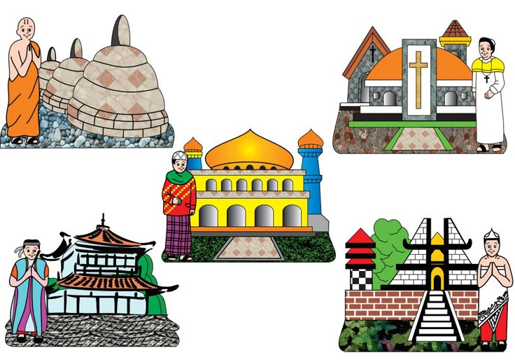 four different types of buildings with people standing in the front and behind them on white background