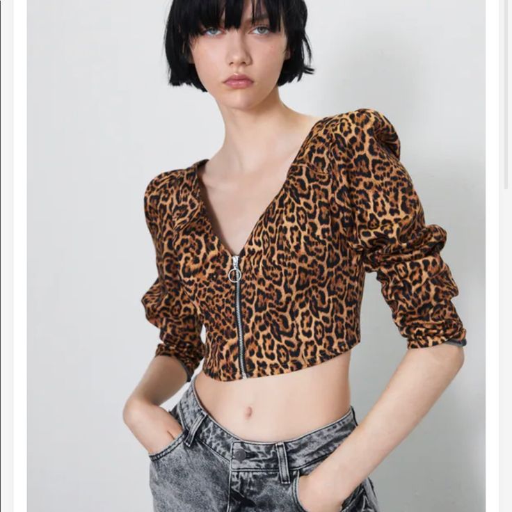 New With Tags Size: Small Zara Leopard Print Cheetah Print V-Neck Crop Top Long Sleeves Zip Up Bundle And Save Ships Same Day Or Next Business Day Use Invite Code Indyposhkristin To Join Poshmark And Receive $10 Off Your First Purchase. Fitted V-neck Brown Blouse, Leopard Print V-neck Tops For Night Out, Fitted Brown V-neck Crop Top, Fitted Brown V-neck Blouse, Brown V-neck Crop Top For Spring, Zara Trendy V-neck Crop Top, Zara Fitted Brown Tops, Brown V-neck Crop Top, Zara Cropped Brown Top