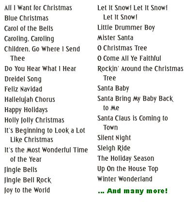 the christmas song list is shown in green and white