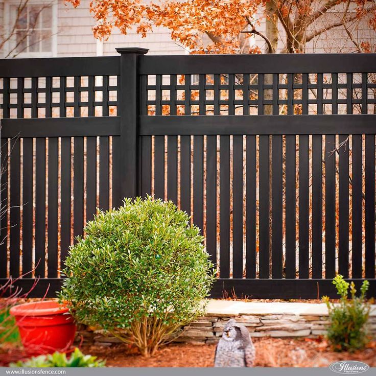 an owl statue in front of a black fence and shrubbery with autumn leaves around it