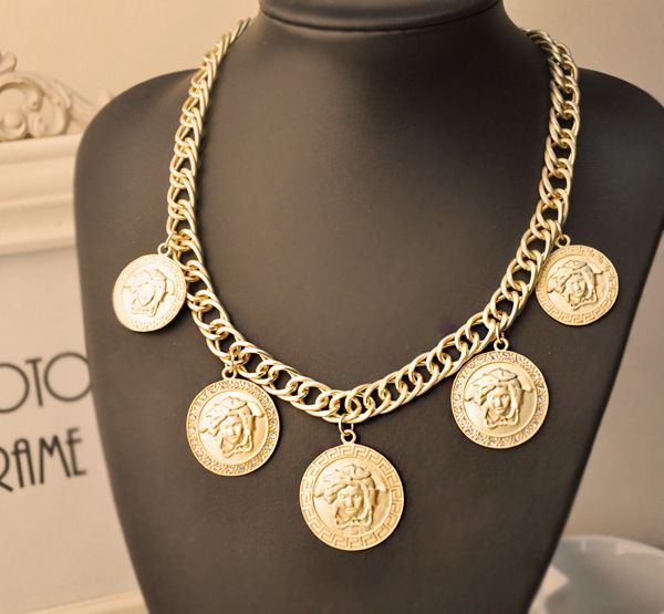 Versace womens necklace with 5 pendants a favourite repin of www.VIPFashionAustralia.com Versace Womens, Versace Necklace, 22 Carat Gold Jewellery, Gold Medallion, Medusa Head, Gold Necklace Designs, Chain Design, Unique Beauty, Members Only