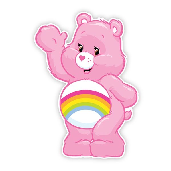 a pink teddy bear holding a rainbow sticker on it's back and arms