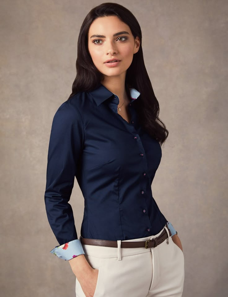 Navy Shirt Outfit, Navy Blue Shirt Outfit, Ladies Shirt Design, Ladies Shirts Formal, Cotton Tops Designs, Blue Shirt Women, Contrast Design, Fitted Shirts, Wear To Work Dress