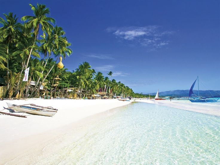 boats on the beach with palm trees and clear water in the foreground, near an island