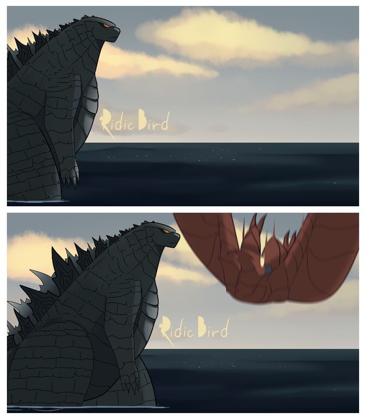 two pictures of godzillas facing each other in opposite directions, one with its mouth open