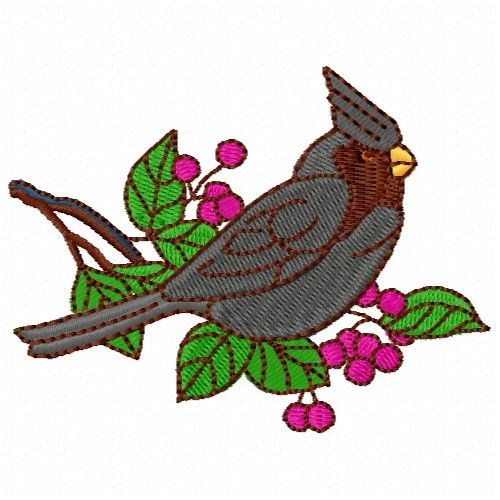 a bird sitting on top of a tree branch with pink flowers and leaves around it