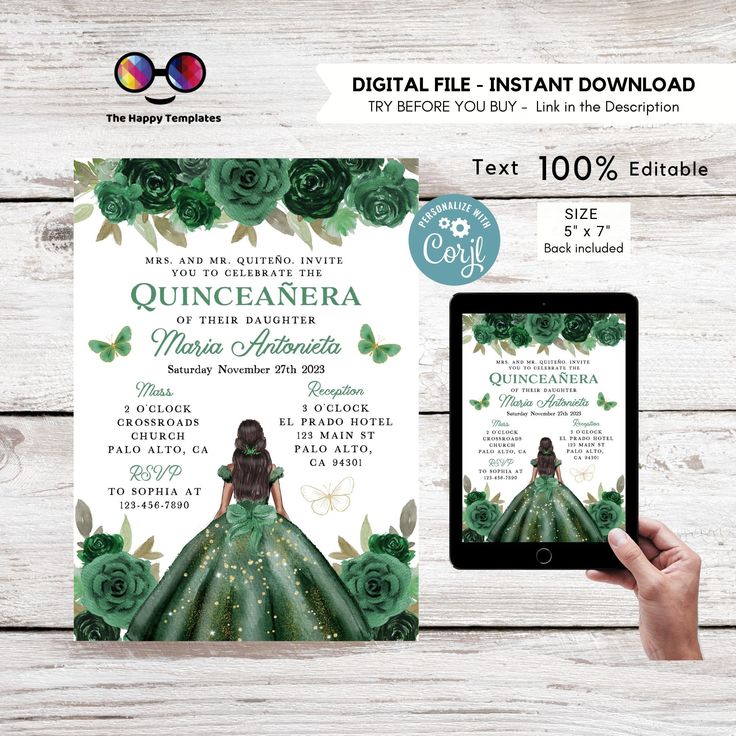 Editable Hunter Green Quinceañera Invitation EDITABLE TEMPLATE Mis ...