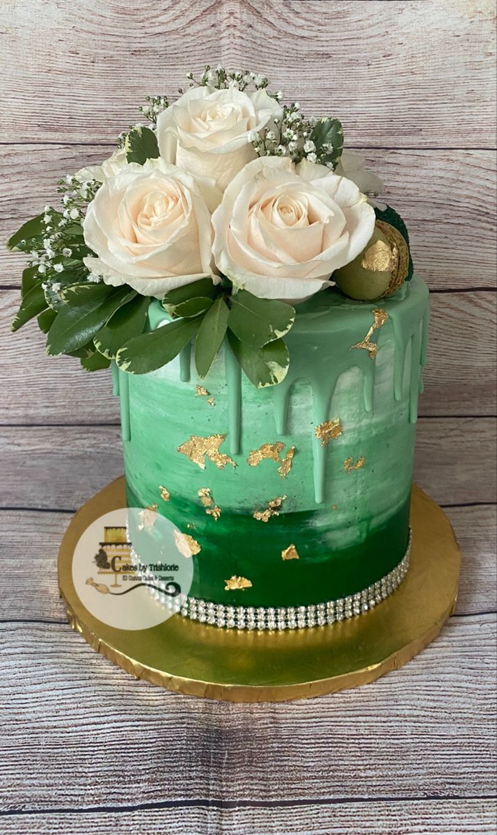 Green Marble Floral Drip Cake | White birthday cakes, Yellow ...