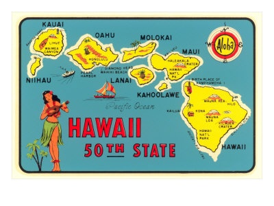 an old hawaii state map is shown in blue and yellow with the hawaiian islands on it