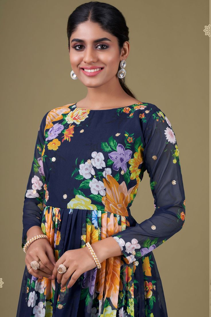 This Georgette Fabric Digital Printed Anarkali Suit is the epitome of ethnic fashion! With its semi-stitch type, it allows you to personalize your outfit. The digital print on the top is eye-catching, enhancing your allure. Experience the amalgamation of elegance and convenience with this Anarkali Suit! Printed Anarkali Suits, Georgette Anarkali Suits, Navy Blue Gown, Party Wear Salwar, Blue Dupatta, Georgette Material, Georgette Gown, Georgette Anarkali, Gown With Dupatta