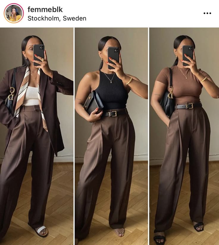 Cute Work Outfits Winter Business Casual, Autumn Work Outfits Black Women, Shoes For Corporate Attire, 2023 Casual Style Trends, Work Outfits With Flare Pants, Trouser With Sneakers Women, Nude Work Outfit, Brown Top Work Outfit, Fall Outfits Women Black Woman Work