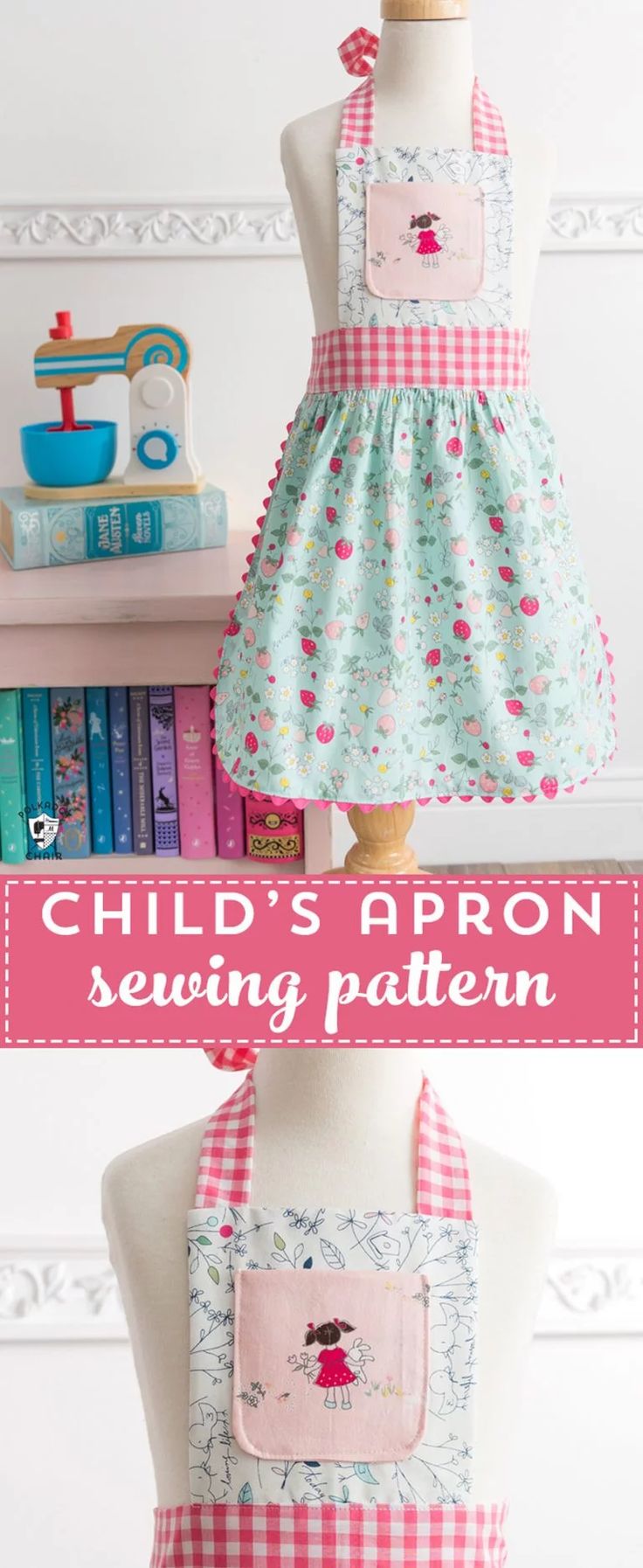 a child's apron sewing pattern on a mannequin