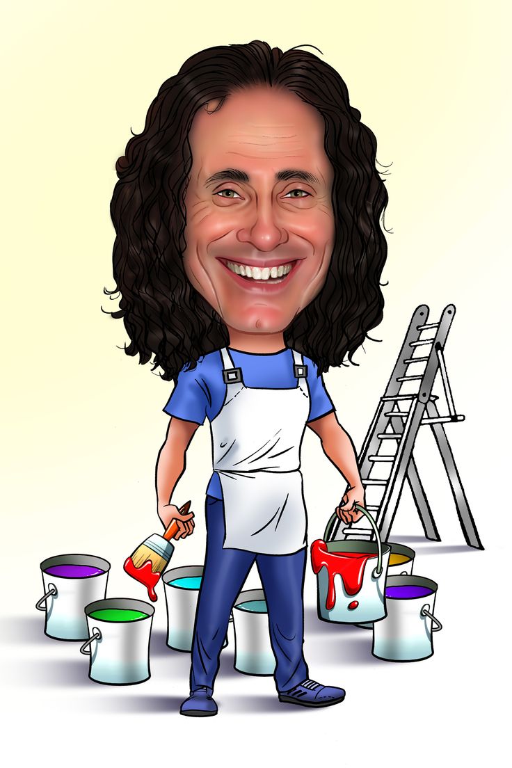 a cartoon caricature of a man with paint cans and ladder in the background