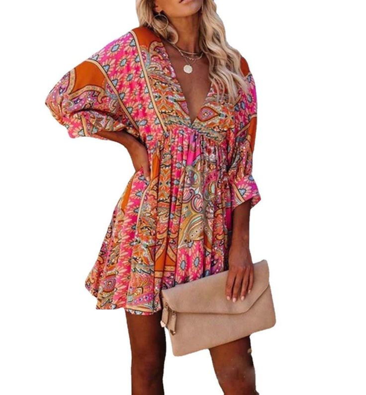 Buy More! Save More! Printed V-neck Boho Dress For Festivals, Patterned Flowy V-neck Mini Dress, Hippie Boho Print V-neck Dress, Chic V-neck Festival Dress, Hippie V-neck Mini Dress For Spring, Casual Pink V-neck Boho Dress, Chic Multicolor V-neck Dress For Vacation, Flowy V-neck Boho Dress For Festivals, Spring Patterned V-neck Boho Dress