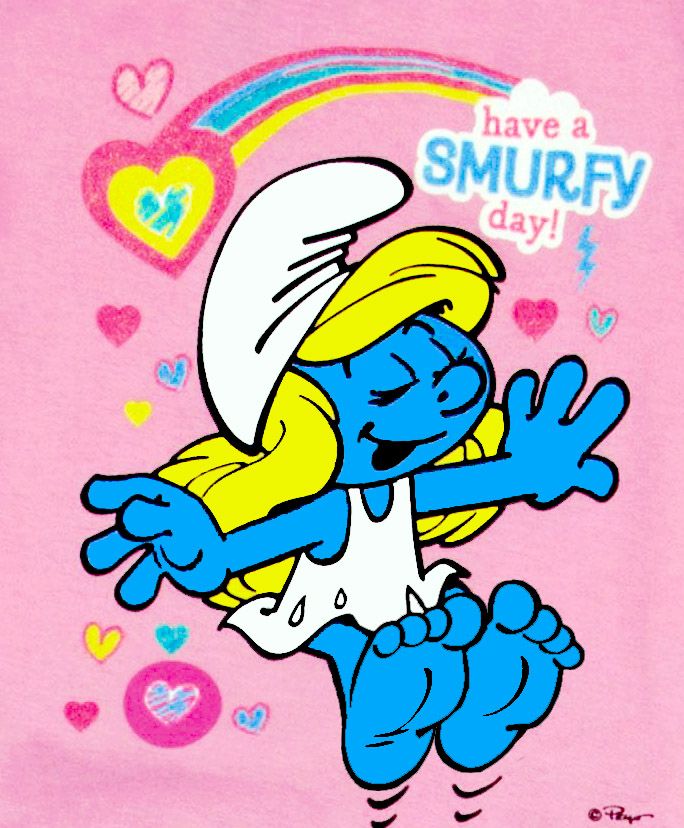 the smurf girl is hugging her face in front of a pink background with hearts