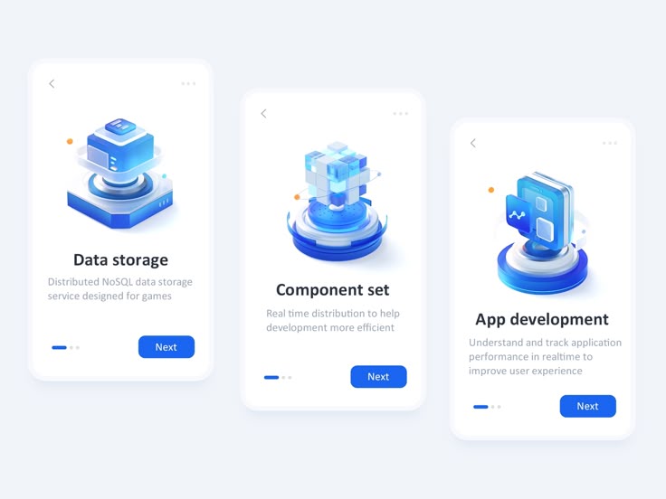 three screens showing different stages of the app development process, including data storage and apps