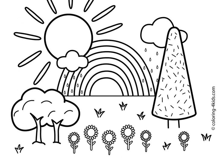 a black and white drawing of a rainbow with trees, clouds and sun in the background