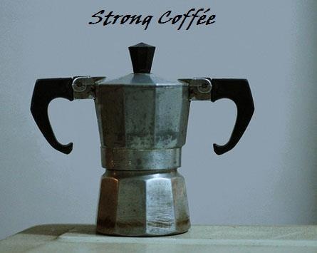 a metal coffee pot sitting on top of a counter next to a sign that says strong coffee