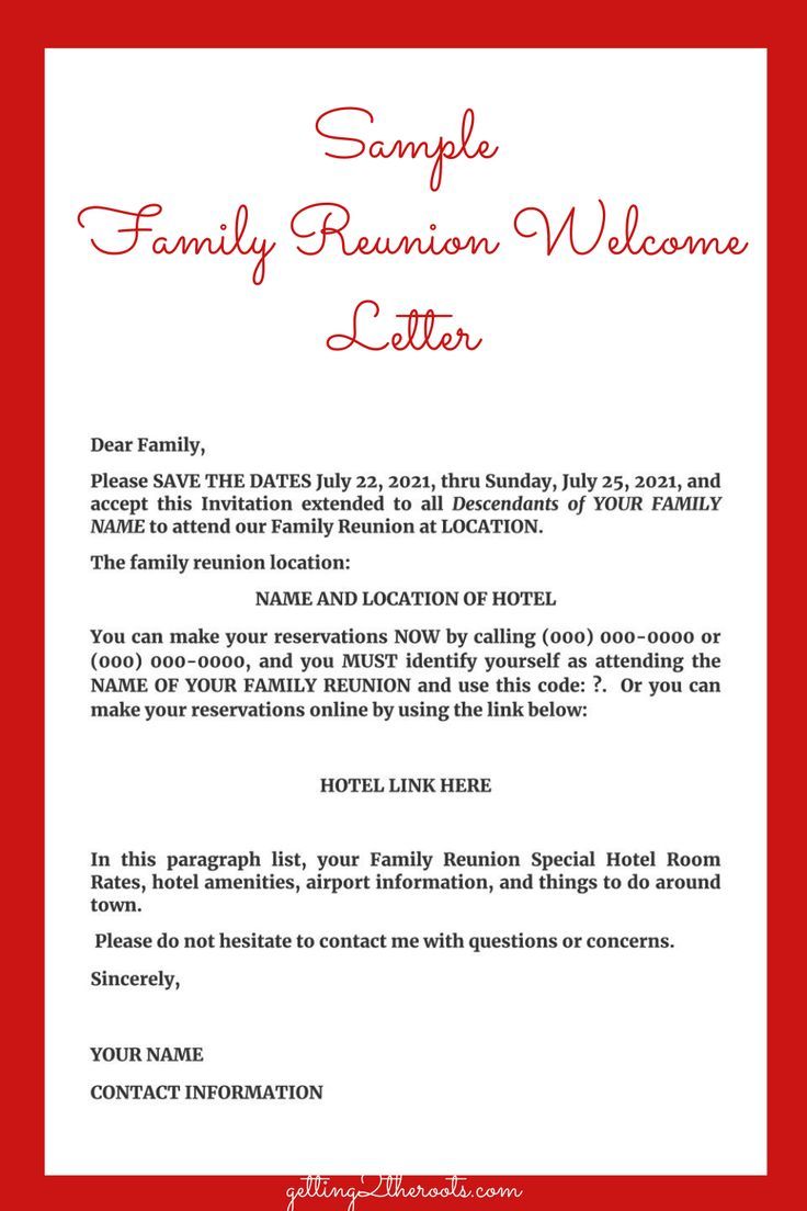 a family reunion welcome letter is shown in red and white with the words sample family reunion welcoming letters