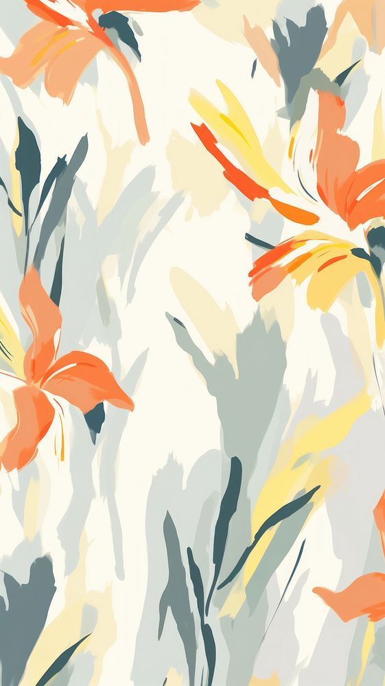 an abstract floral pattern with orange and yellow flowers on a white background that looks like paint