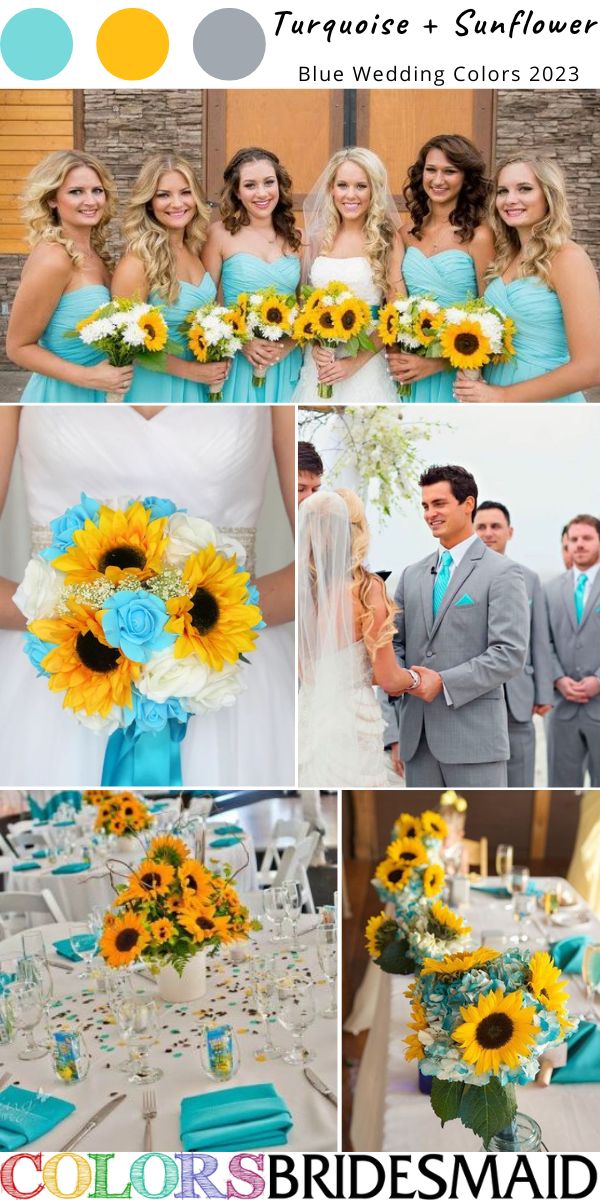 the bride and groom are posing for pictures with sunflowers in their bouquets