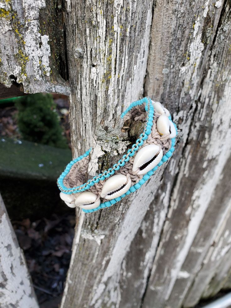 "Chunky Boho Cowrie Shell Beaded Bracelet Beach Wedding Jewelry Eclectic ethnic, tribal-inspired boho chic jewelry, crocheted, handcrafted in Queens, NY. *I made a few shell & hemp jewelry for an island photoshoot - see all the new posts soon! Right now I don't have shows and festivals, I have a little time to make these. A chunky crocheted and beaded hemp bracelet with a loop & knob closure. There are 11 shells & 87 beads on this! 1\" wide, 7\" long - custom size is available! Last 2 photos; Th Island Photoshoot, Beach Wedding Jewelry, Hemp Bracelet, Hemp Jewelry, Hemp Necklace, Hemp Bracelets, Tie Dye Tunics, Queens Ny, Boho Chic Jewelry