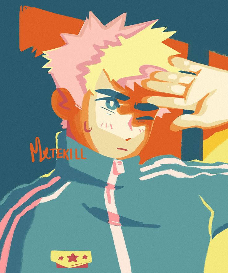 a man with pink hair and blue eyes is holding his hand up to his head