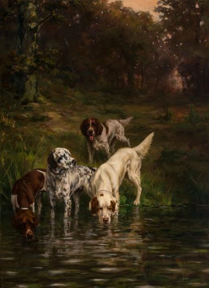 three dogs are standing in the water and one dog is looking at something while another dog looks on