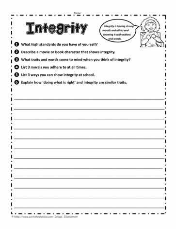 a worksheet with the words integity written in black and white on it