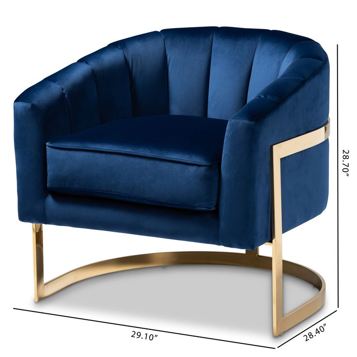 a blue chair sitting on top of a white floor next to a metal frame and gold legs