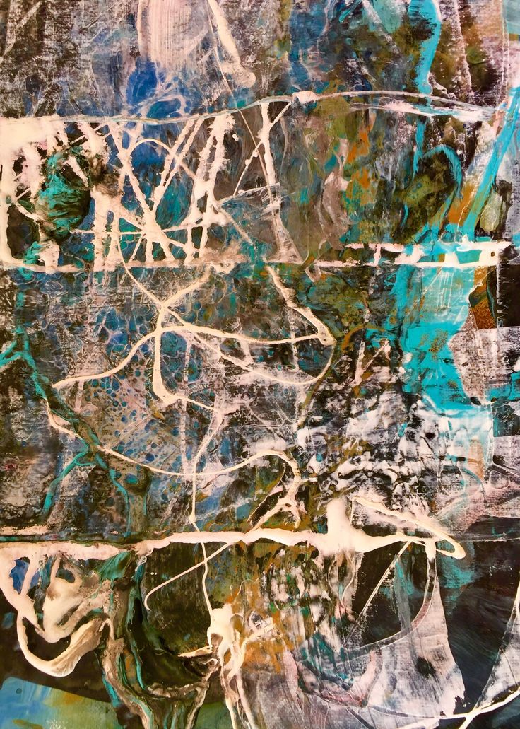 an abstract painting with blue, green and white colors