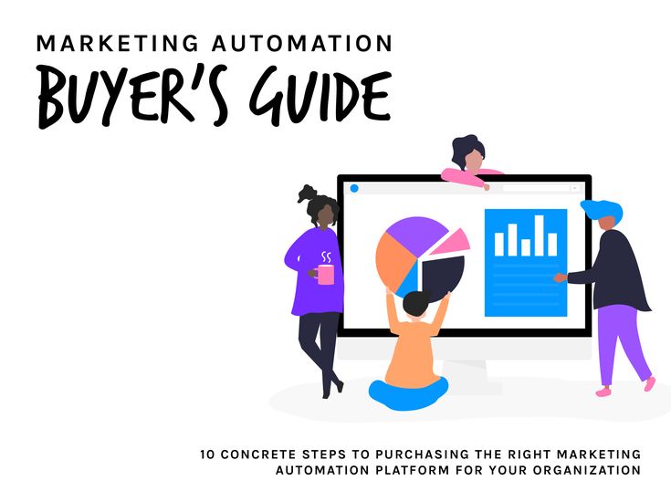 people looking at a computer screen with the text marketing automation buyer's guide