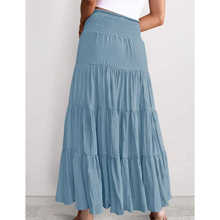 Light Blue Bohemia Pleated High Waist Maxi Skirt Blue Flared Maxi Skirt For Vacation, Light Blue Skirted Bottoms For Beach, Blue Flared Maxi Skirt With Elastic Waistband, Light Blue Cotton Skirt For Vacation, Light Blue Tiered Skirt For Vacation, Blue Maxi Skirt With Elastic Waistband For Vacation, Light Blue Skirt For Vacation, Blue Relaxed Fit Maxi Skirt For Vacation, Solid Bohemian Flared Maxi Skirt