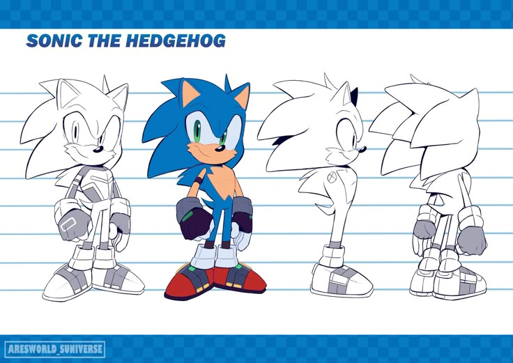 sonic the hedgehog character model sheet for an animation movie, with three different characters