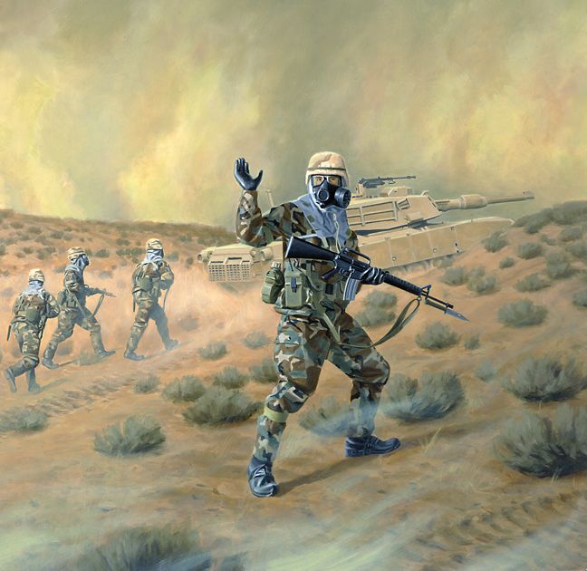 an artist's depiction of soldiers running in the desert, with tanks behind them