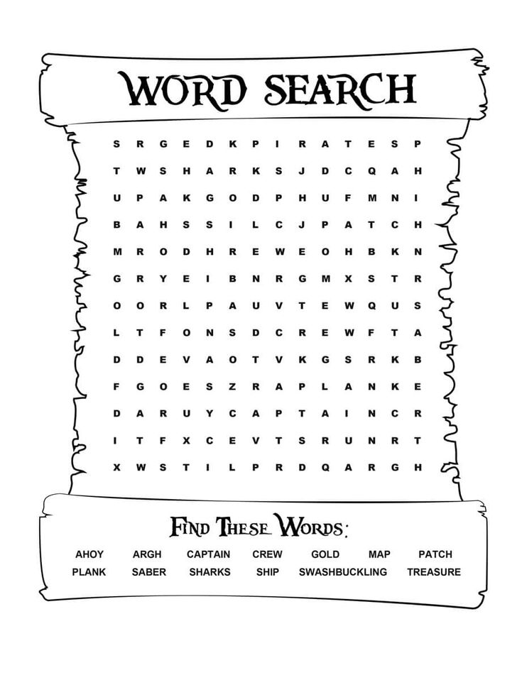 the word search is shown in this black and white version, which includes words such as