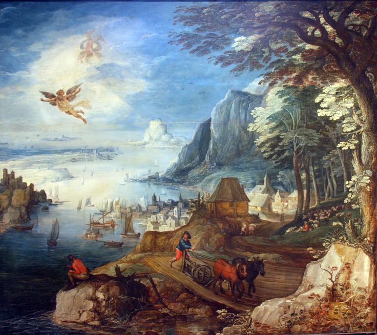 a painting with people and animals in the foreground, an eagle flying above it