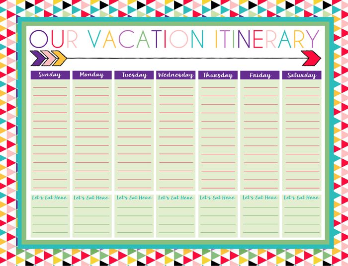 a colorful printable vacation timetable with an arrow on it and the words, our vacation in