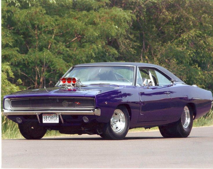 a purple muscle car is parked on the side of the road in front of some trees