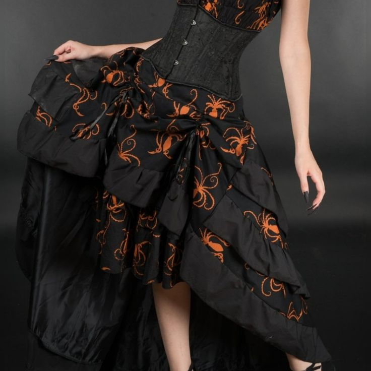 New Perfect For Halloween, Renaissance & Medieval Fairs, Steampunk, Victorian, Or Cosplay Events. Beautifully Detailed And Well Made Victorian Front Bustle Skirt. Imported From Prague. Side Zipper- Back Satin Ribbon Cinch Detail- Back Longer With Three Layers- Front Satin Ties Cinch To Create Front Bustle- Back Inner Panel Is Lined Black And Brown Cotton Octopus Fabric With Polyester Lining Women's Size Medium, Large, And Xl Length (Top To Shortest Bottom Hem Uncinched): 26.5 Inches- Longest Bot Victorian Bustle Skirt, Steampunk Costume Skirt In Black, Black Steampunk Skirt For Costume, Steampunk Style Black Costume Skirt, Steampunk Halloween Costume Skirt, Black Steampunk Corset Dress For Halloween, Black Steampunk Bottoms For Costume Party, Steampunk Black Bottoms For Costume Party, Gothic Black Skirt For Halloween