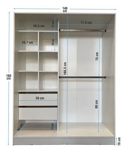 an image of a closet with measurements for the door and shelves in front of it