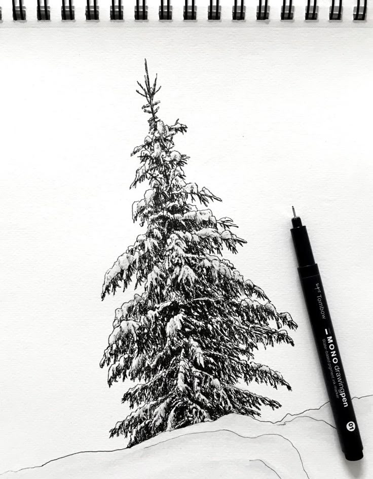 a pencil drawing of a pine tree in the snow with black marker markers on it