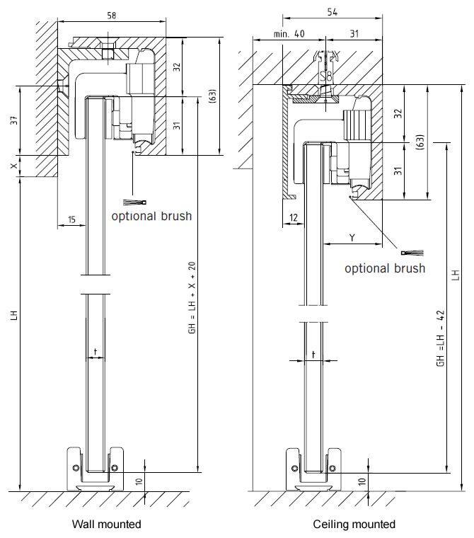 two drawings showing the different parts of an external and wall mounted shower head, with measurements for