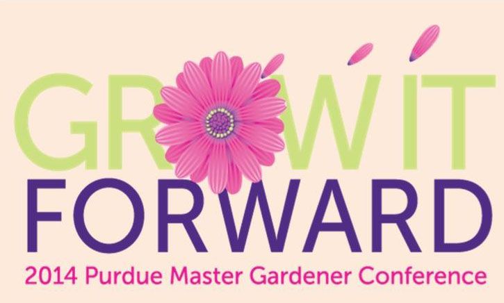 the logo for the purple master gardener conference, which features pink flowers and green leaves