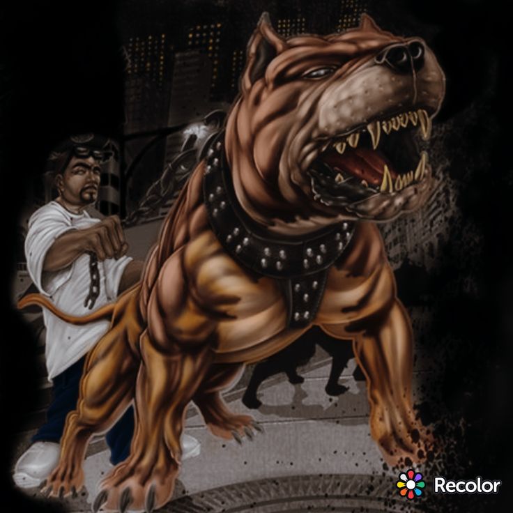 an image of a dog with chains on it's neck and mouth, in front of a cityscape