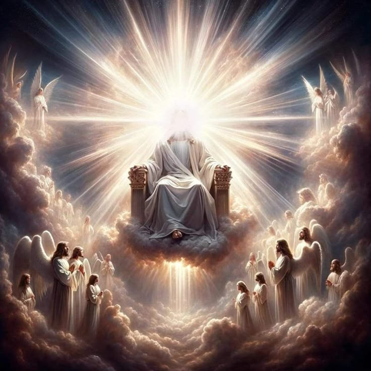 an image of jesus sitting in the clouds surrounded by angels