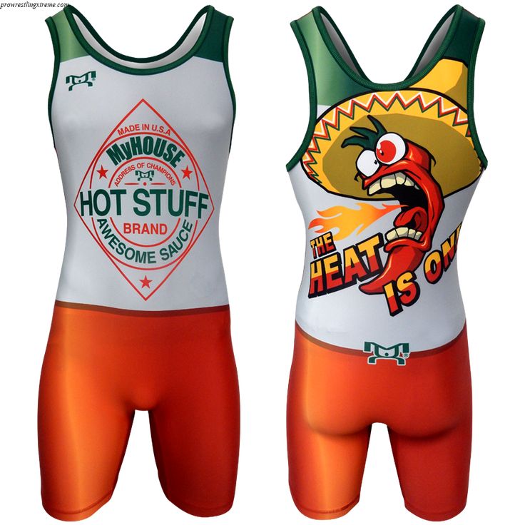 two different types of wrestling suits with the words hot stuff is on them and an image of a man wearing a sombrero