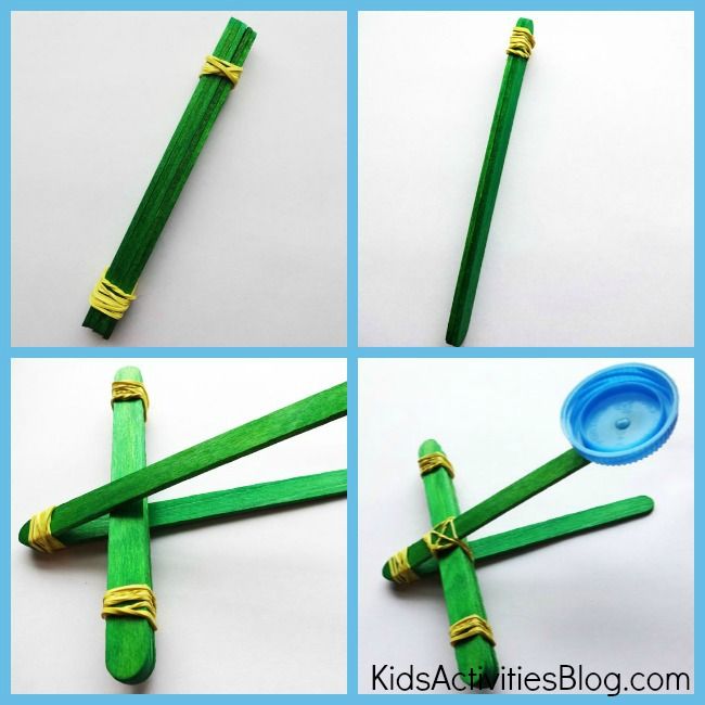 four pictures showing the steps to make a paper mache with green sticks and yellow string