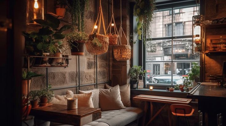 a living room filled with lots of plants next to a window covered in potted plants